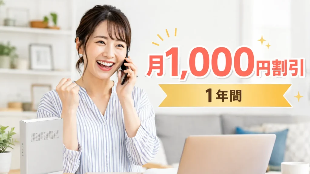 auひかりで1年間、月1,000円の割引を受けた実体験をイメージした画像。電話相談で料金割引が適用されたことを紹介。