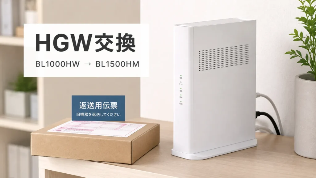 auひかりのホームゲートウェイをBL1000HWからBL1500HMへ交換した流れをイメージした画像。返送用伝票と新しいHGWを掲載。