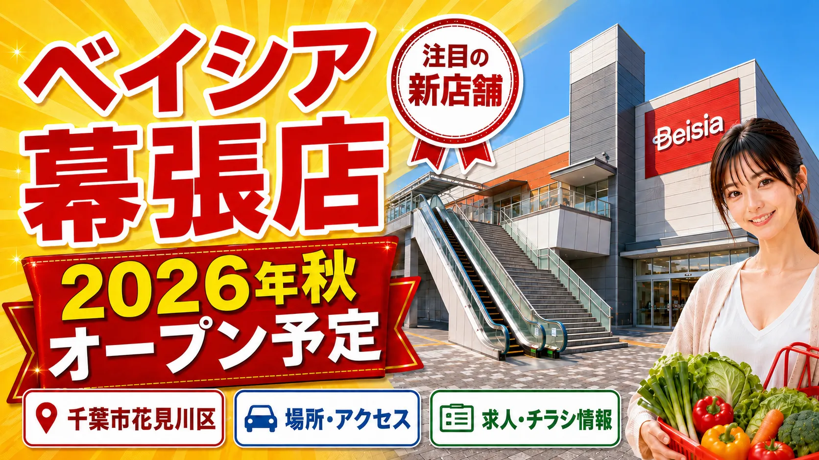 ベイシア幕張店が2026年秋に千葉市花見川区でオープン予定であることを伝えるアイキャッチ。店舗外観イメージと人物、場所・アクセス・求人・チラシ情報を掲載。