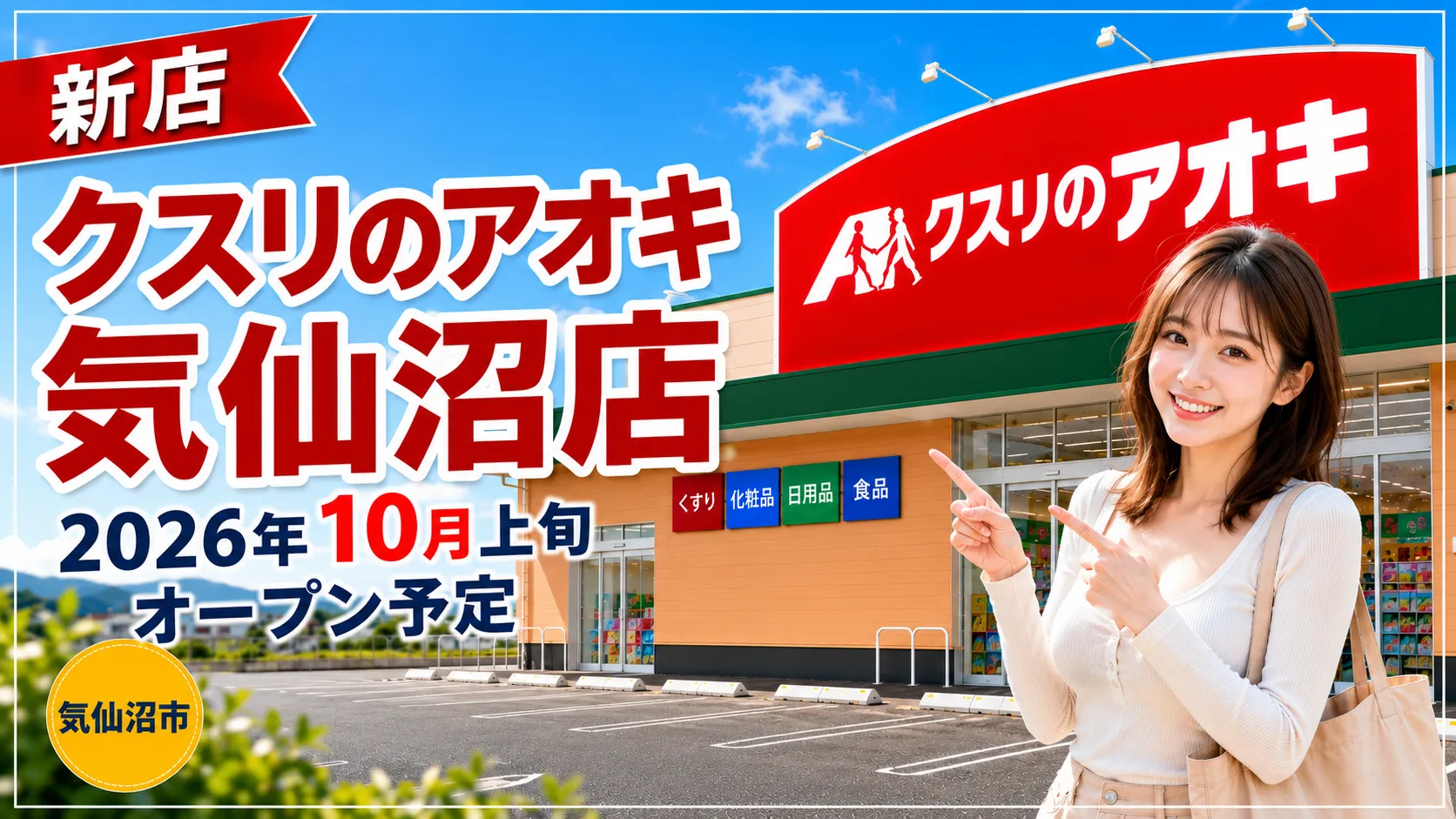 クスリのアオキ気仙沼店が2026年10月上旬に宮城県気仙沼市でオープン予定であることを伝えるアイキャッチ画像。店舗外観イメージと女性、オープン予定時期、気仙沼市の情報を掲載。