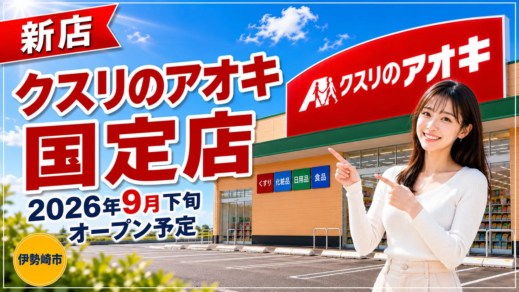 クスリのアオキ国定店が2026年9月下旬オープン予定であることを伝えるアイキャッチ画像