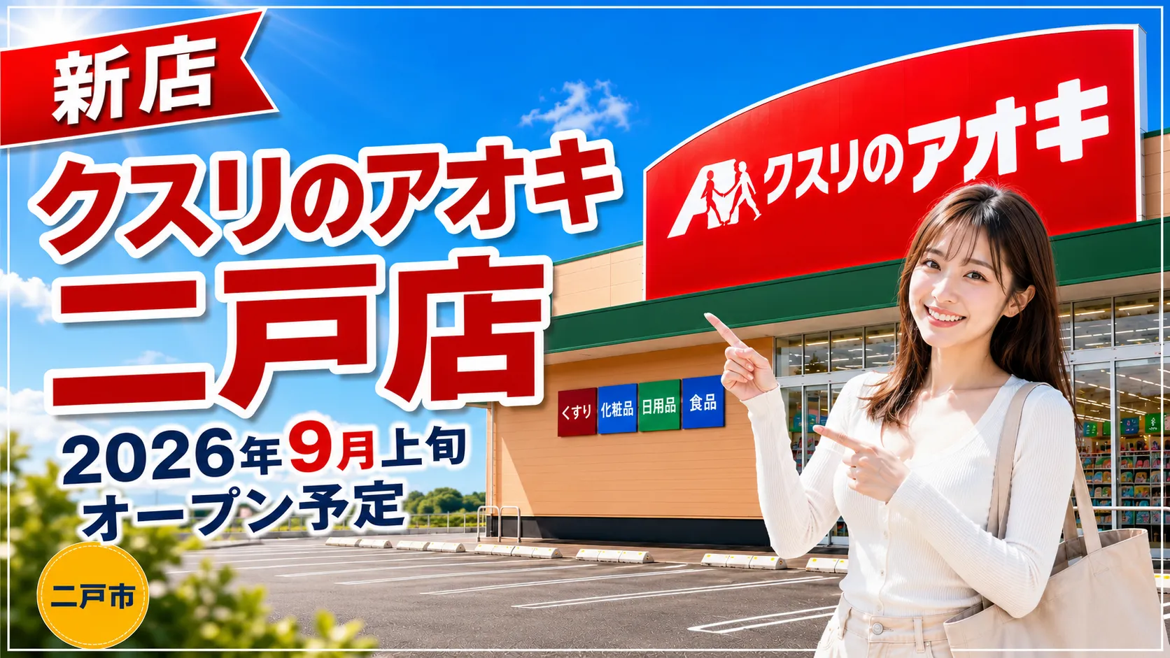 クスリのアオキ二戸店が岩手県二戸市に2026年9月上旬オープン予定であることを伝えるアイキャッチ画像。店舗外観イメージと人物、新店・二戸市の情報を掲載。