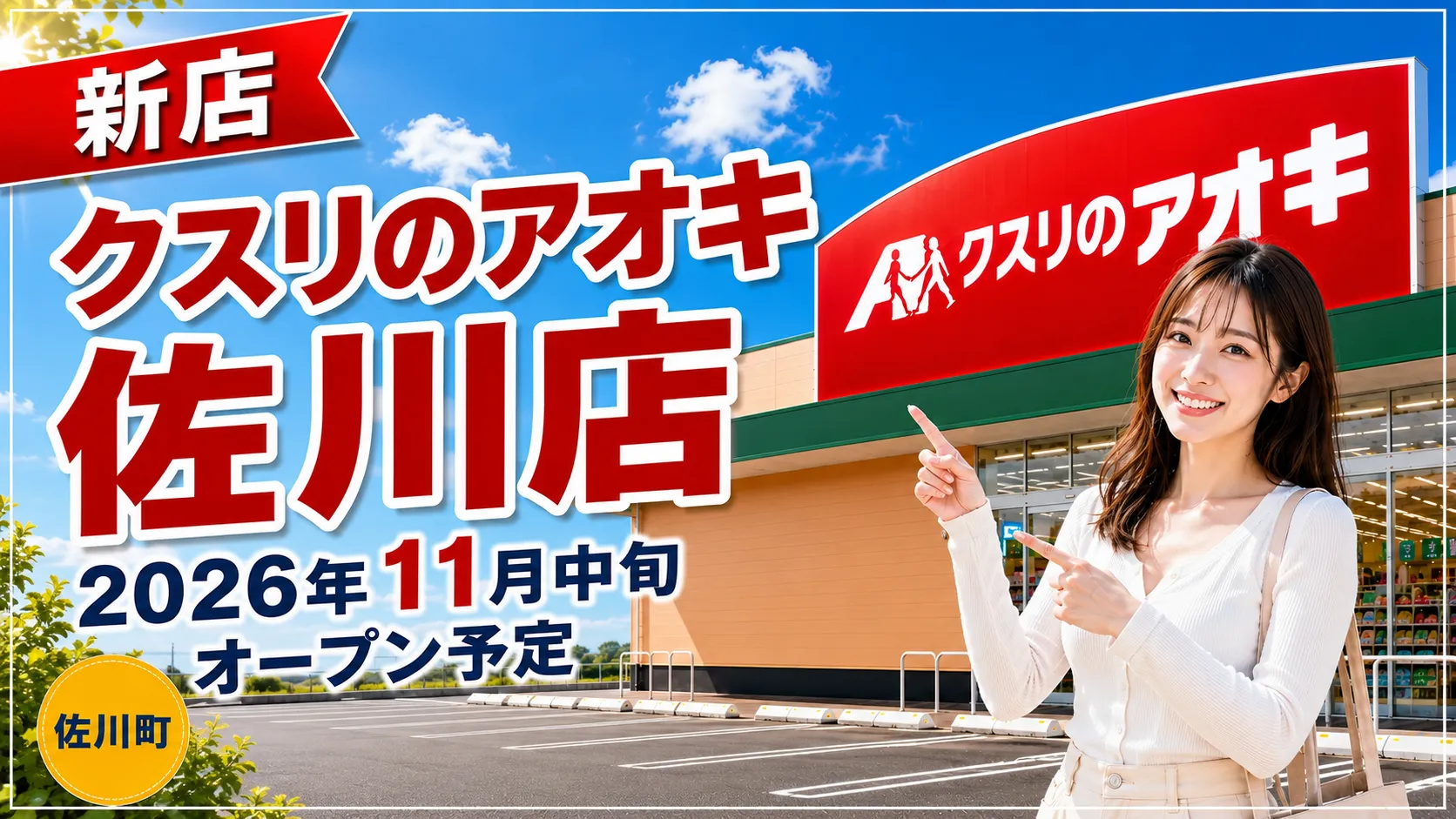 クスリのアオキ佐川店の2026年11月中旬オープン予定を案内するアイキャッチ画像。店舗外観イメージと佐川町の表記