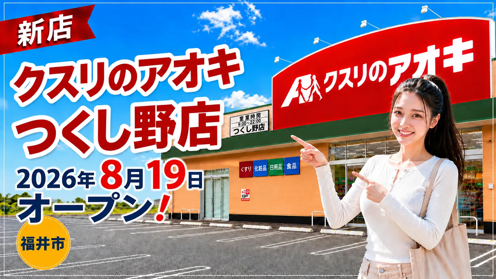クスリのアオキつくし野店が2026年8月19日にオープンすることを伝えるアイキャッチ画像