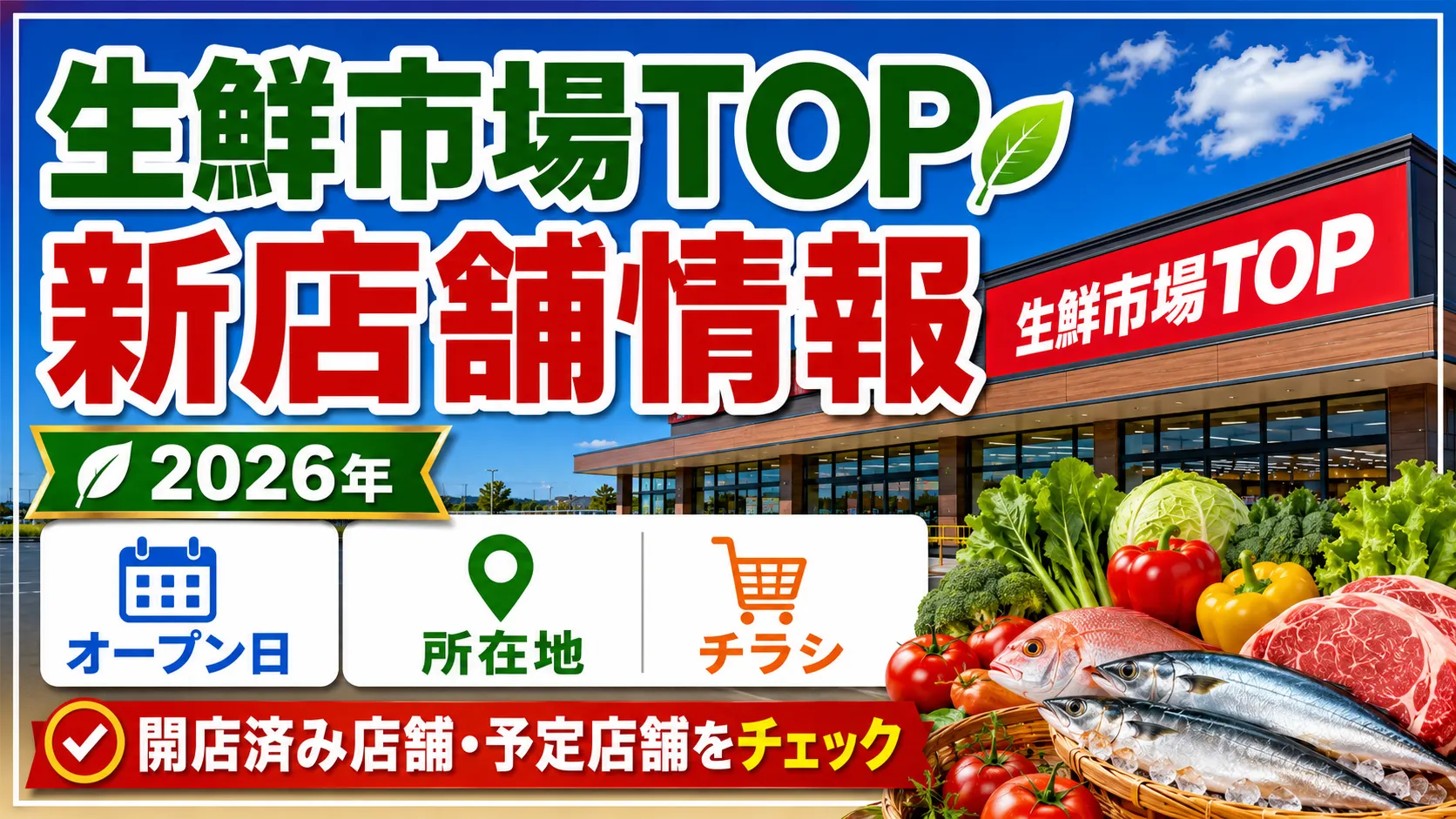生鮮市場TOPの2026年新店舗情報を紹介するアイキャッチ画像。オープン日・所在地・チラシ情報と、開店済み店舗・オープン予定店舗の情報を案内。