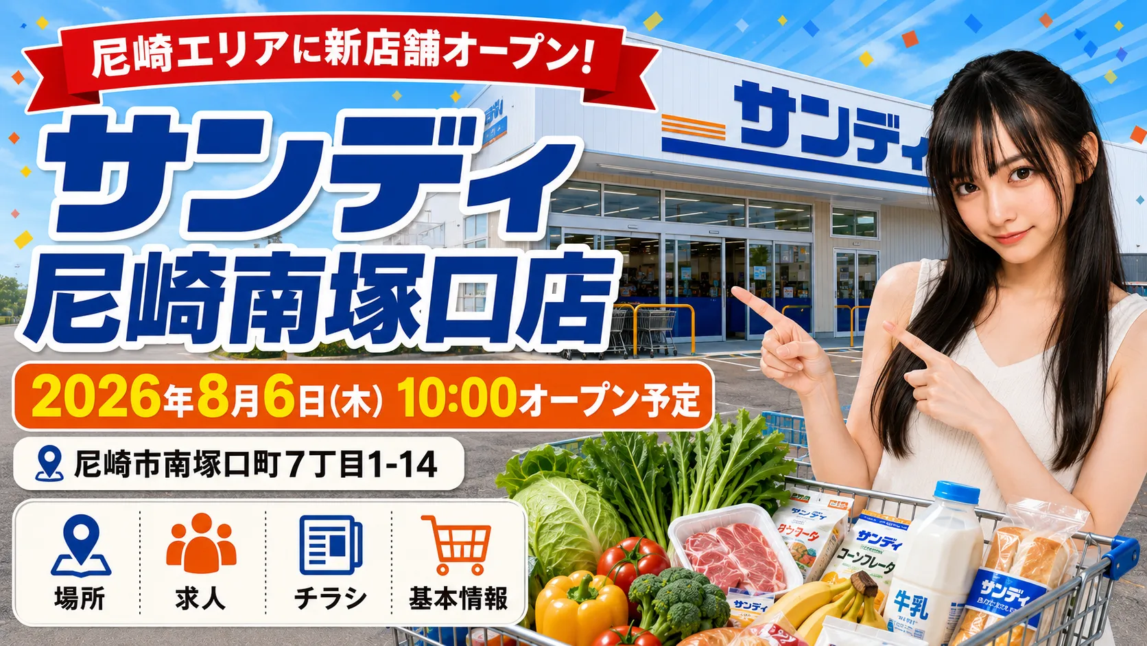 サンディ尼崎南塚口店の2026年8月6日オープン予定と場所・求人・チラシ情報を紹介するアイキャッチ画像
