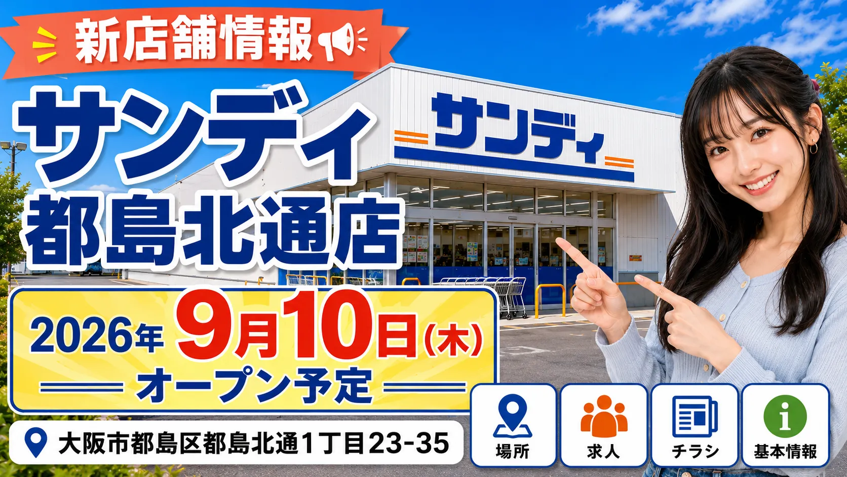 サンディ都島北通店が大阪市都島区に2026年9月10日オープン予定であることを伝えるアイキャッチ画像。場所・求人・チラシ情報を掲載。