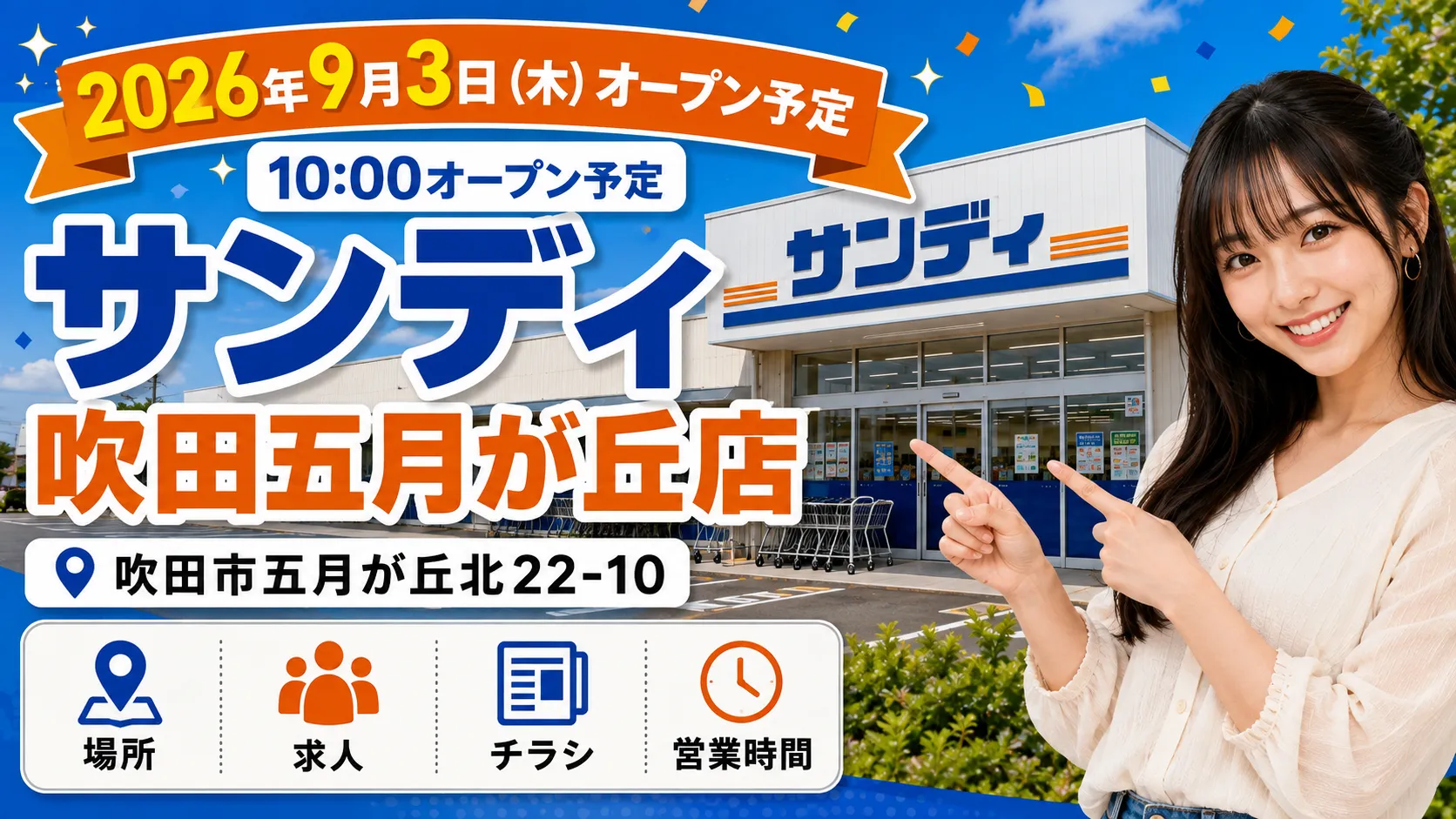 サンディ吹田五月が丘店が2026年9月3日（木）に大阪府吹田市五月が丘北でオープン予定であることを伝えるアイキャッチ画像。店舗外観と人物、10時オープン予定・場所・求人・チラシ・営業時間情報を掲載。