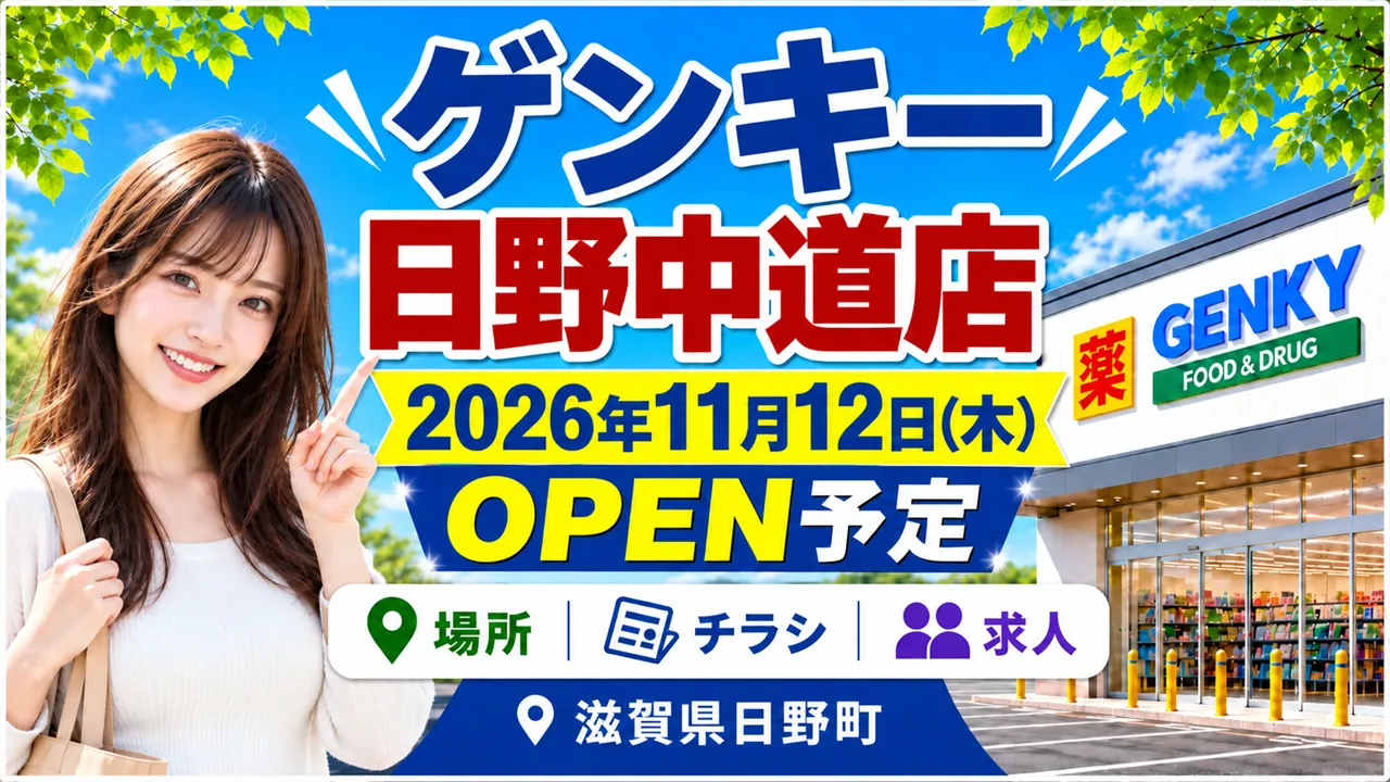 ゲンキー日野中道店が2026年11月12日に滋賀県日野町でオープン予定を伝えるアイキャッチ