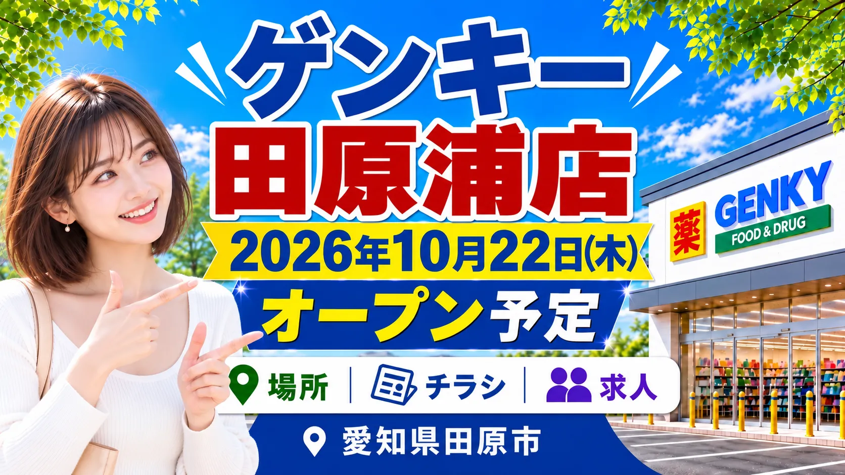 ゲンキー田原浦店の2026年10月22日オープン予定を案内するイメージ画像。愛知県田原市の場所・チラシ・求人情報を紹介。