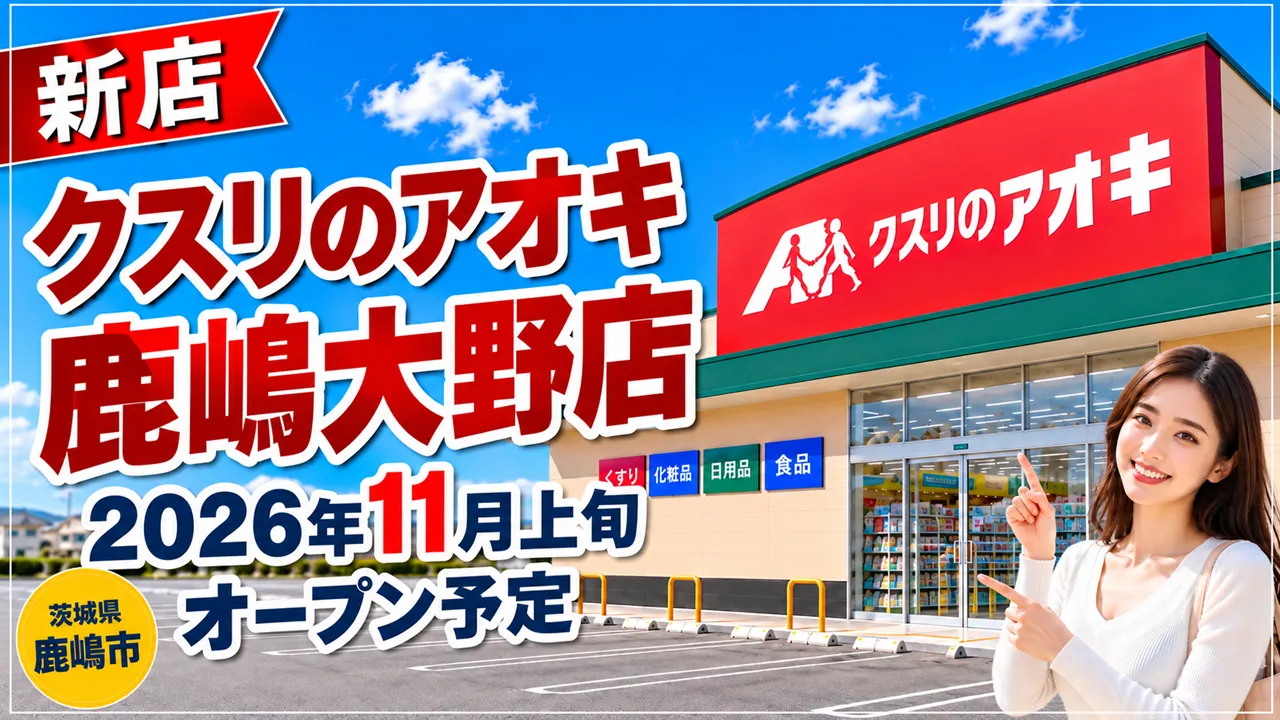 茨城県鹿嶋市のクスリのアオキ鹿嶋大野店が2026年11月上旬オープン予定であることを知らせるアイキャッチ画像