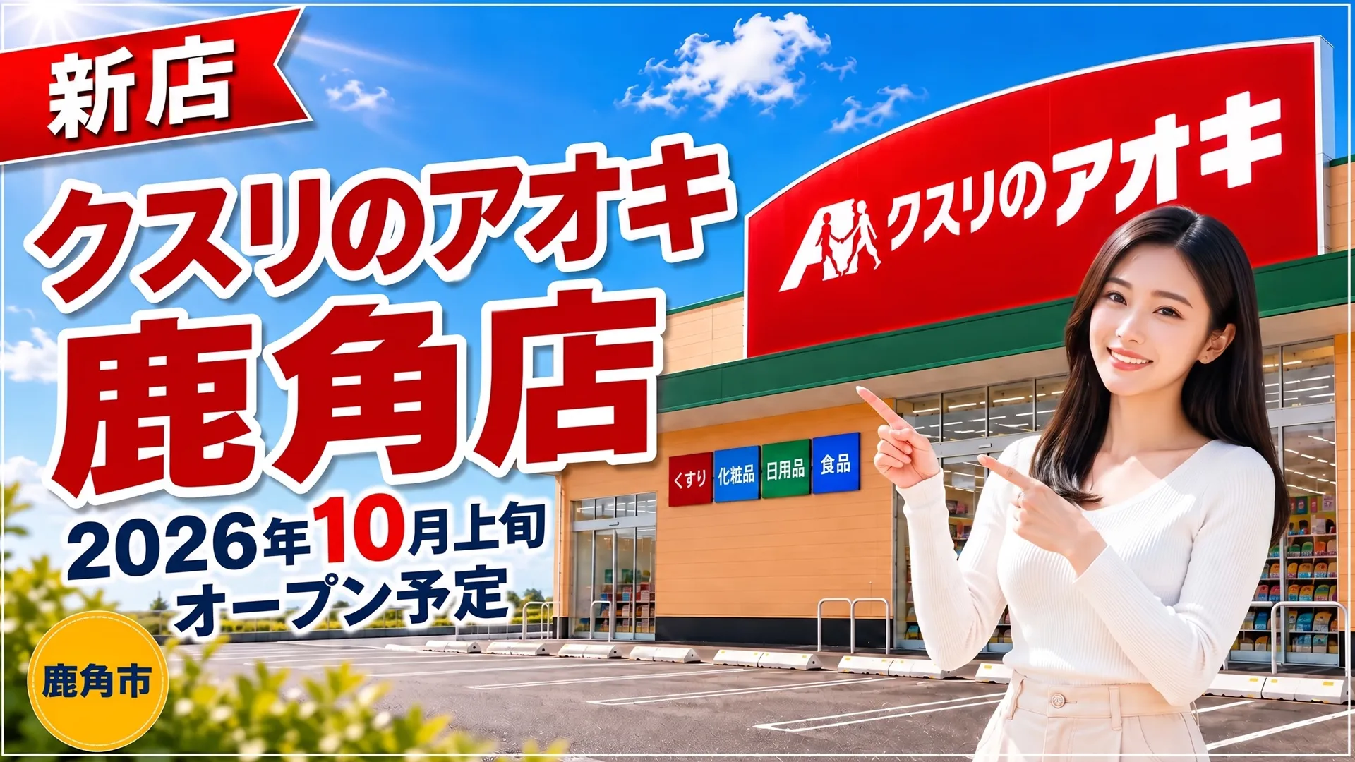 クスリのアオキ鹿角店の新店オープン予定を告知するアイキャッチ画像。鹿角市に2026年10月上旬オープン予定