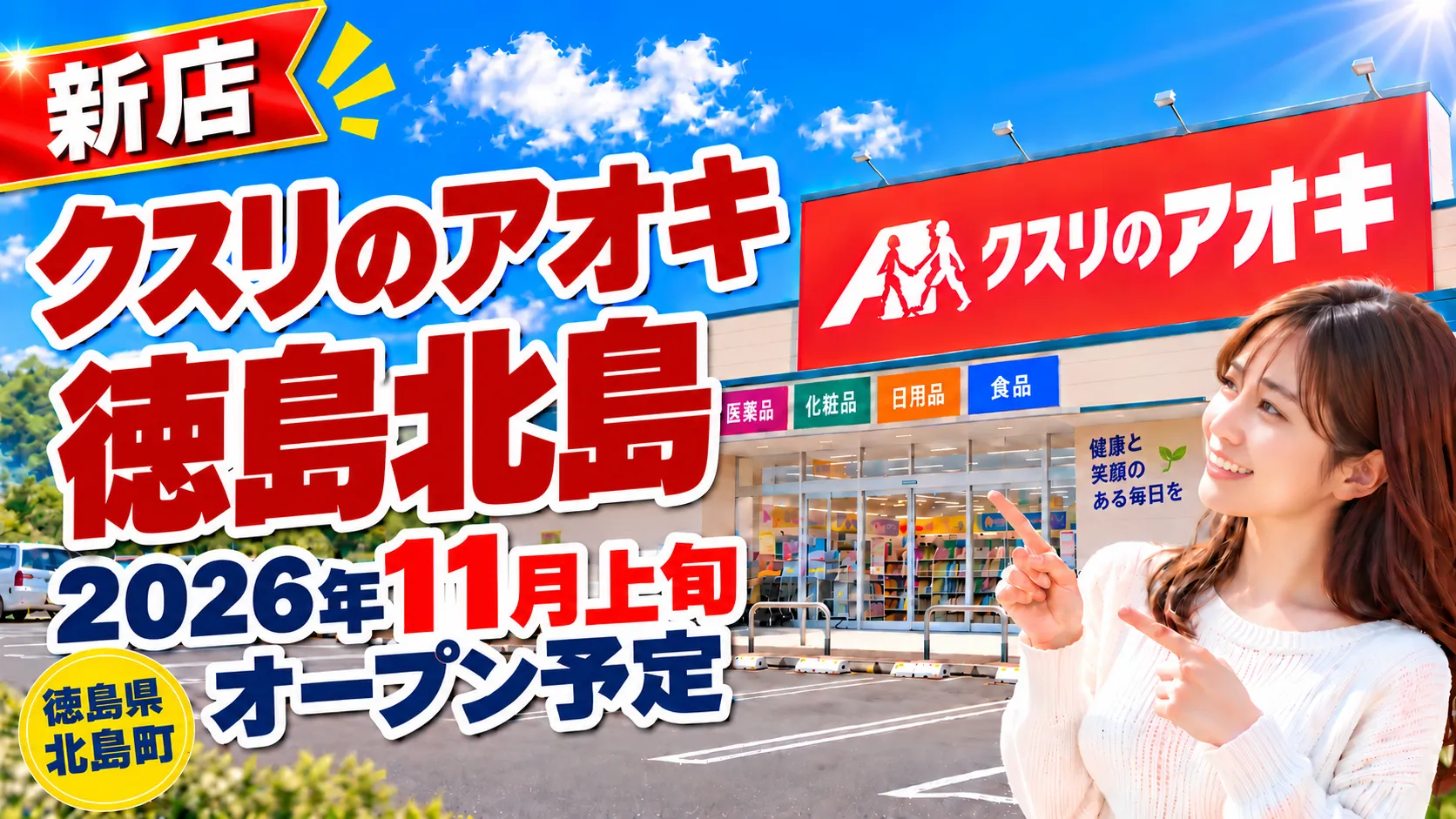 クスリのアオキ徳島北島店のアイキャッチ画像。徳島県北島町に2026年11月上旬オープン予定の新店舗について、場所やチラシ、求人情報をまとめたデザイン。