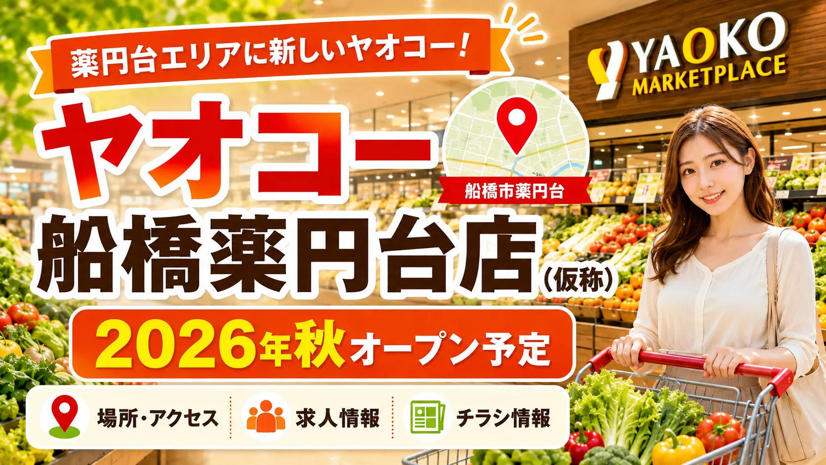 ヤオコー船橋薬円台店（仮称）が2026年秋オープン予定であることや、場所・求人・チラシ情報を紹介するアイキャッチ画像