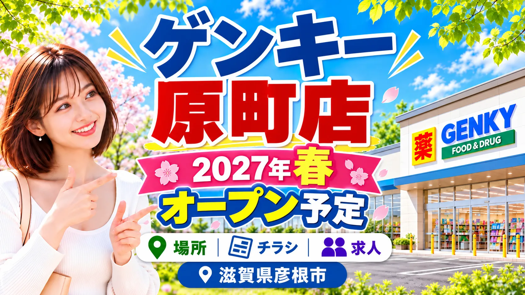 滋賀県彦根市に2027年春オープン予定のゲンキー原町店を案内するアイキャッチ画像。女性が店名を指さし、背景に店舗のイメージを配置。場所・チラシ・求人情報を紹介。