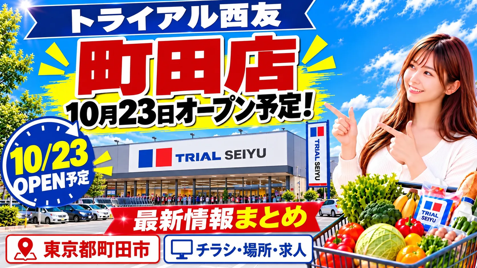 トライアル西友町田店の2026年10月23日オープン予定を案内するアイキャッチ画像。店舗イメージとチラシ・場所・求人情報を掲載