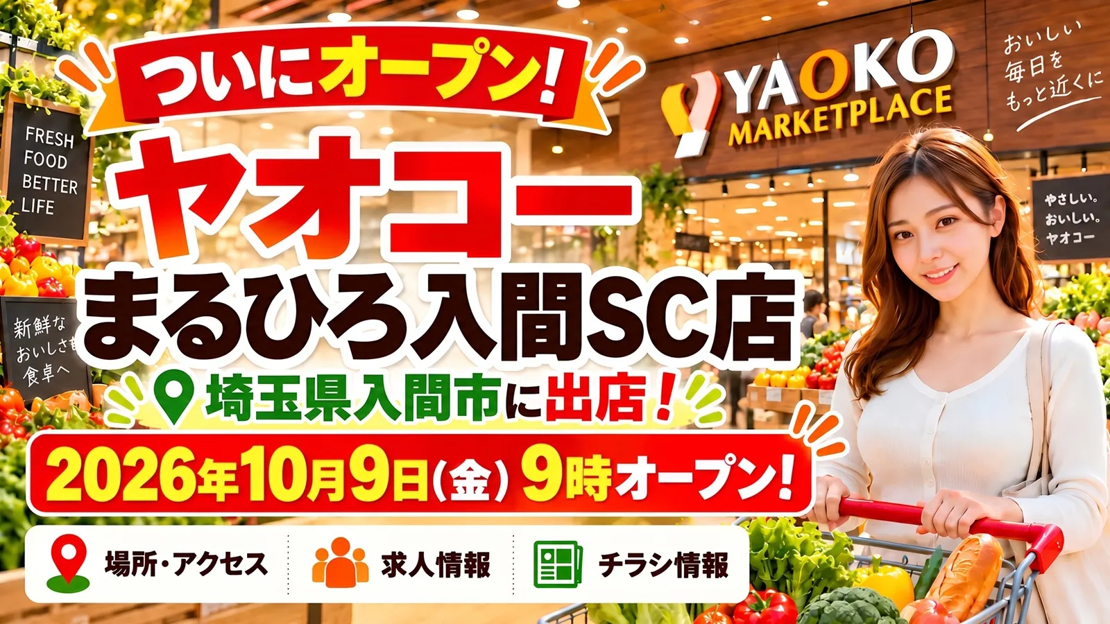 ヤオコーまるひろ入間SC店のアイキャッチ画像。埼玉県入間市に2026年10月9日9時オープンする新店舗について、場所・アクセス・求人・チラシ情報をまとめたデザイン。